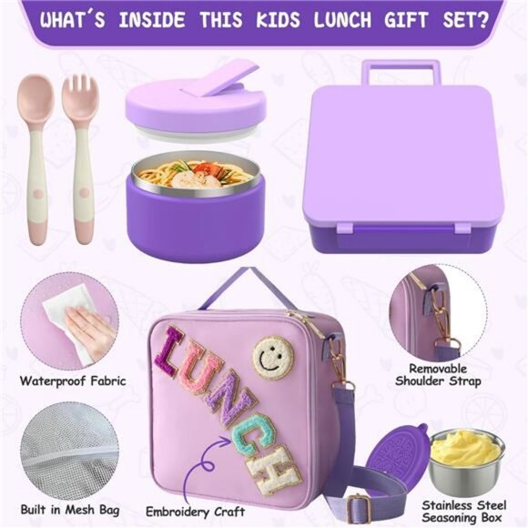 Kids Bento Lunch Box Set with Thermo Food Jar Leakproof School Lunch Bag - Picture 4 of 8